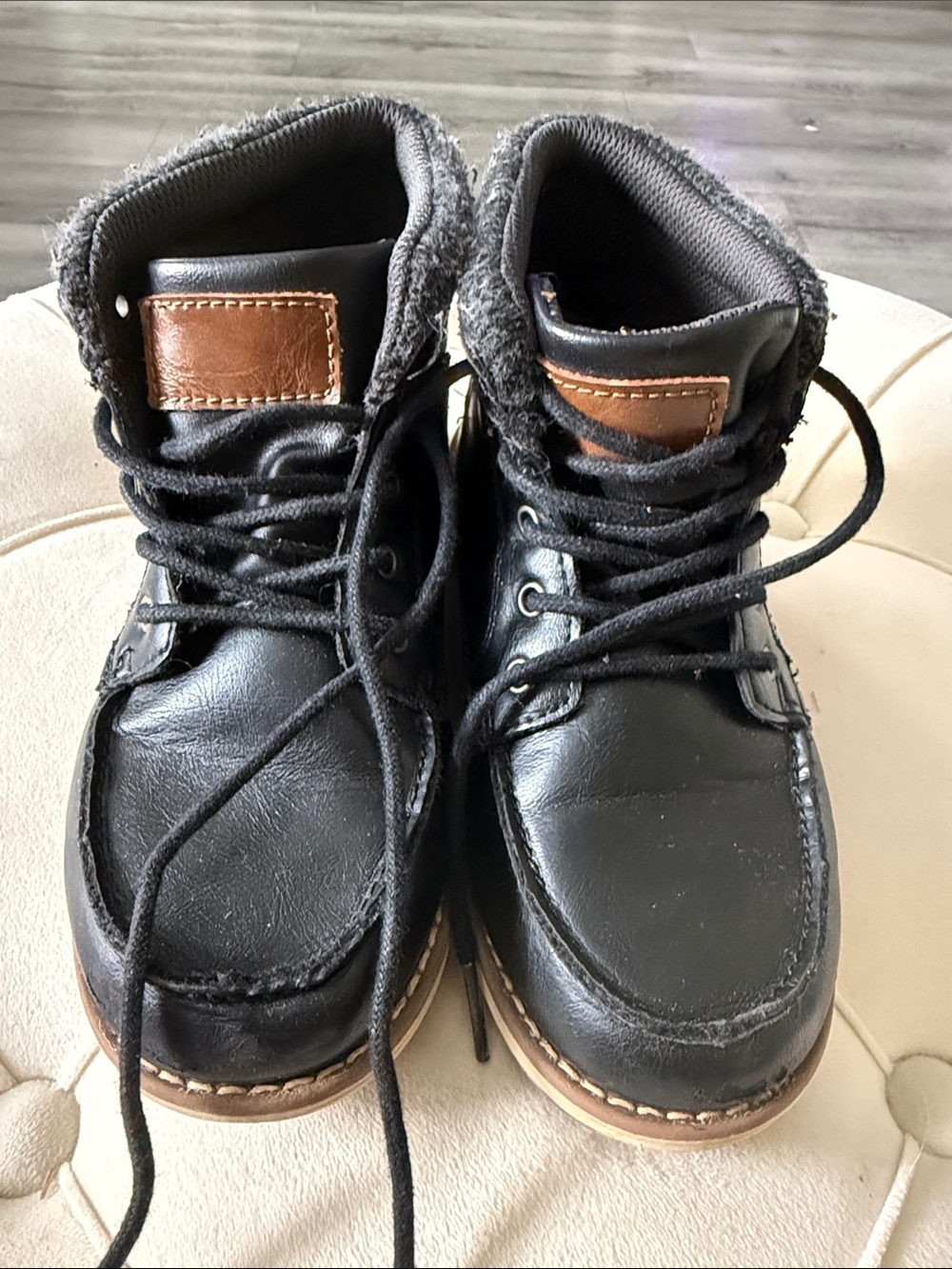 Kids Black Faux-Leather Winter Boots with Brown Accent
